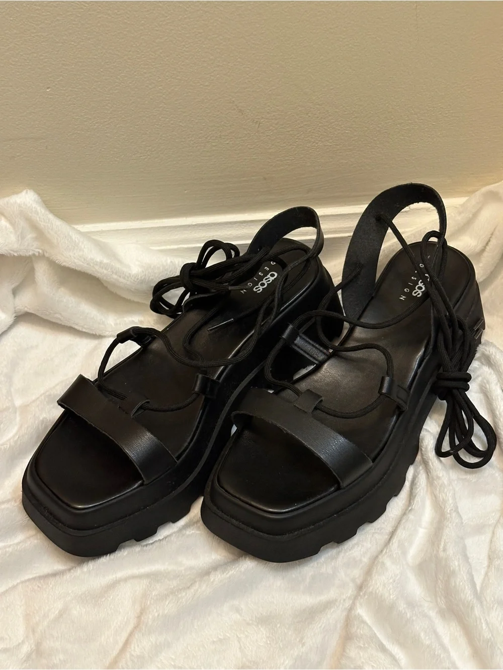 ASOS Design Black Toni Tie Leg Flatform Strappy Lace Up Platform Chunky Sandals